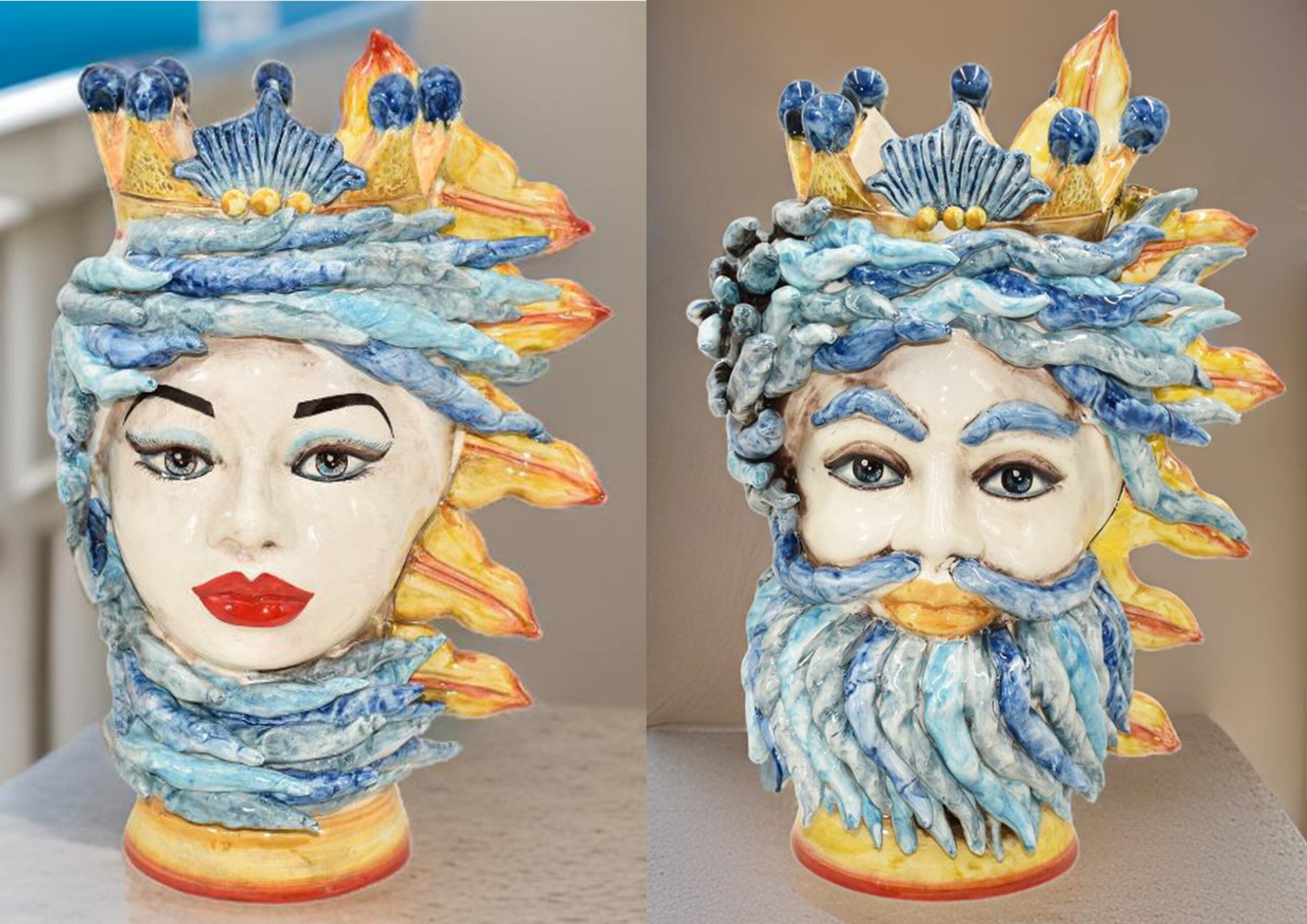 Couple of Mythological Sculptures in Ceramic of Caltagirone Sun and Wind