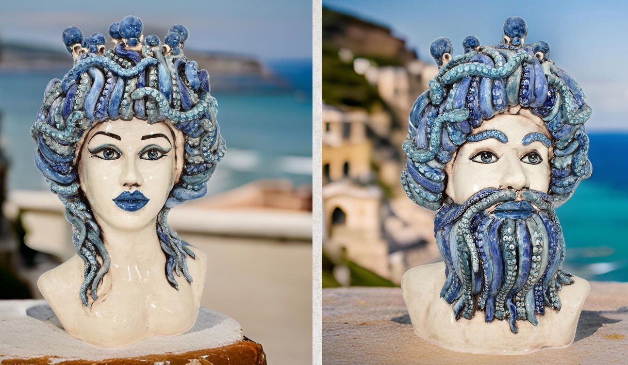 Couple of Mythological Sculptures in Ceramic of Caltagirone Triton and Medusa