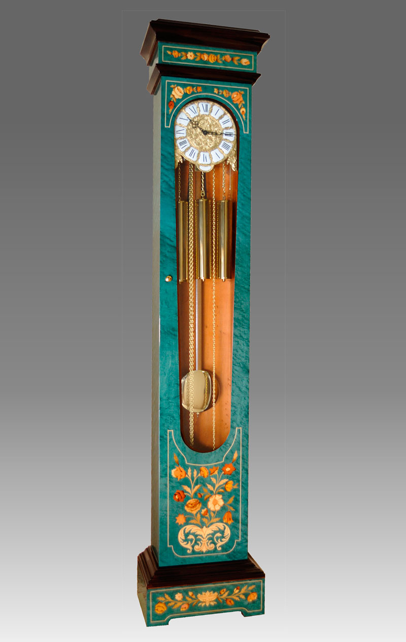 Wooden Grandfather Clock Column Weights Brass Wood Maple Inlaid Made in Italy